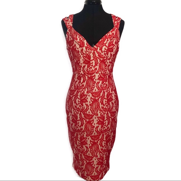 ASOS Pencil Lace Dress V-neck | Red | Size 6 - Picture 3 of 8